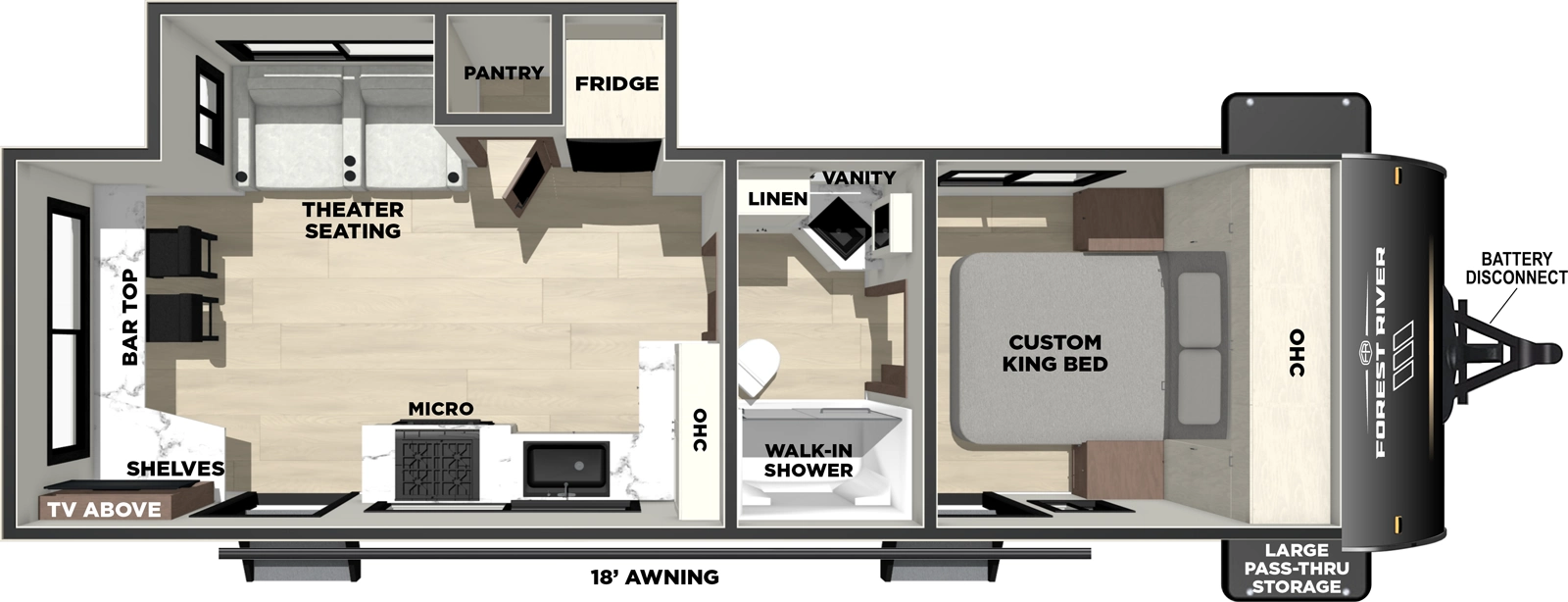 The Vibe 2400RB floorplan has two entries and one slide out. Exterior features include: fiberglass exterior and 18' awning. Interiors features include: front bedroom and pass through bathroom.